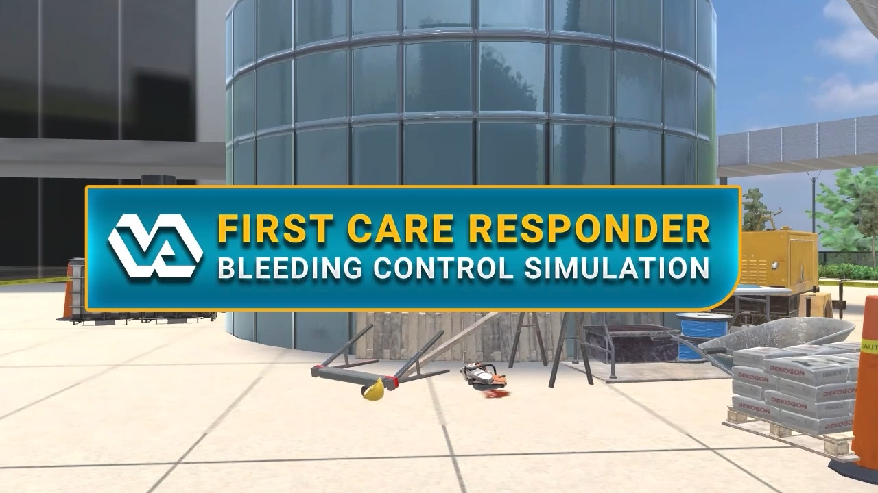 Screenshot of the Bleeding Control training simulation showing medical emergency response interface with treatment options and patient vitals