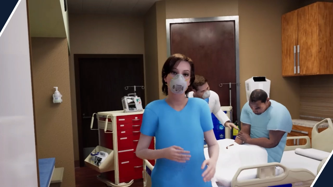 Screenshot of the DAARC (Difficult Airway Algorithm And Rescue Cricothyrotomy) training simulation showing airway management procedures and the Vortex Algorithm interface