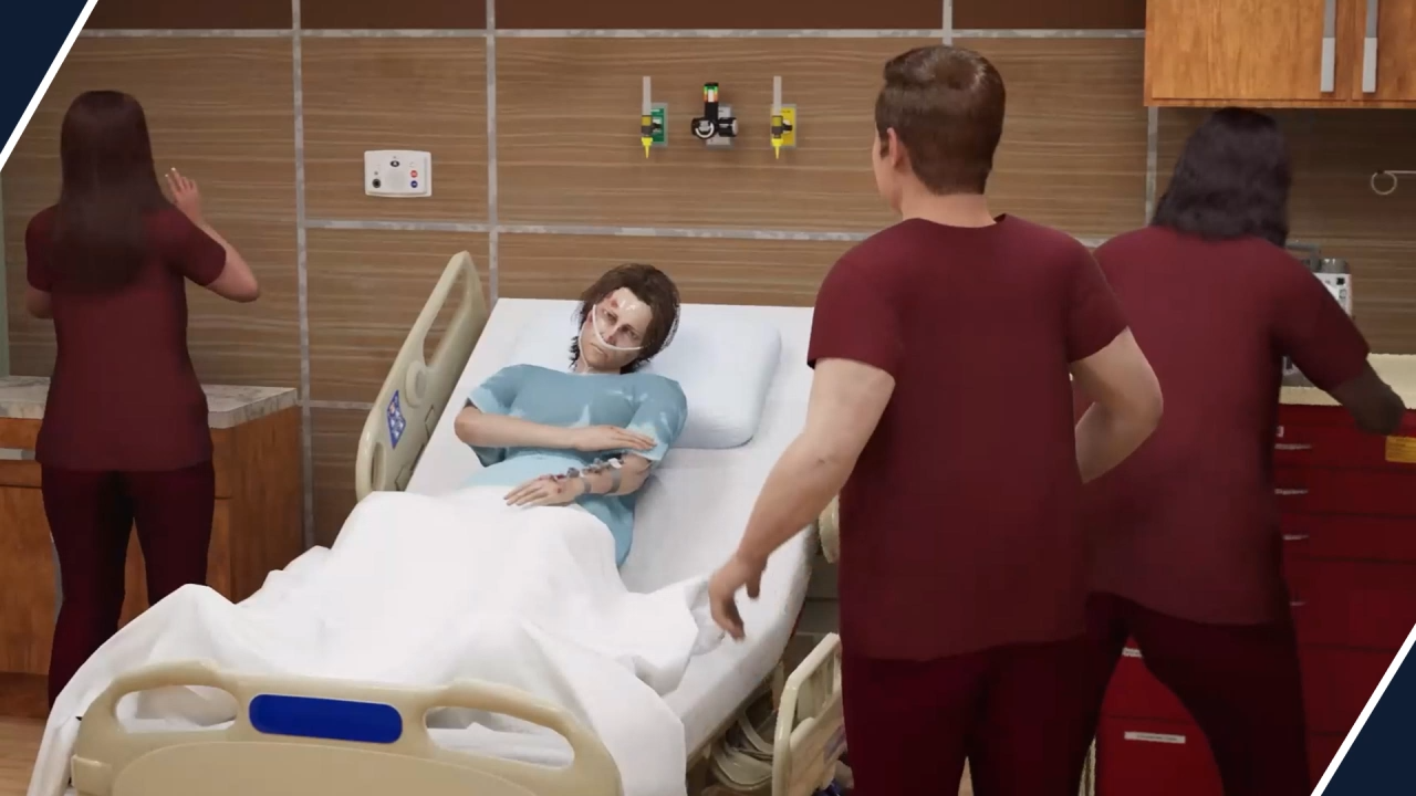 Screenshot of the Medical Surgical Nursing simulation showing a 12-hour shift interface with patient assessment tools and care management features