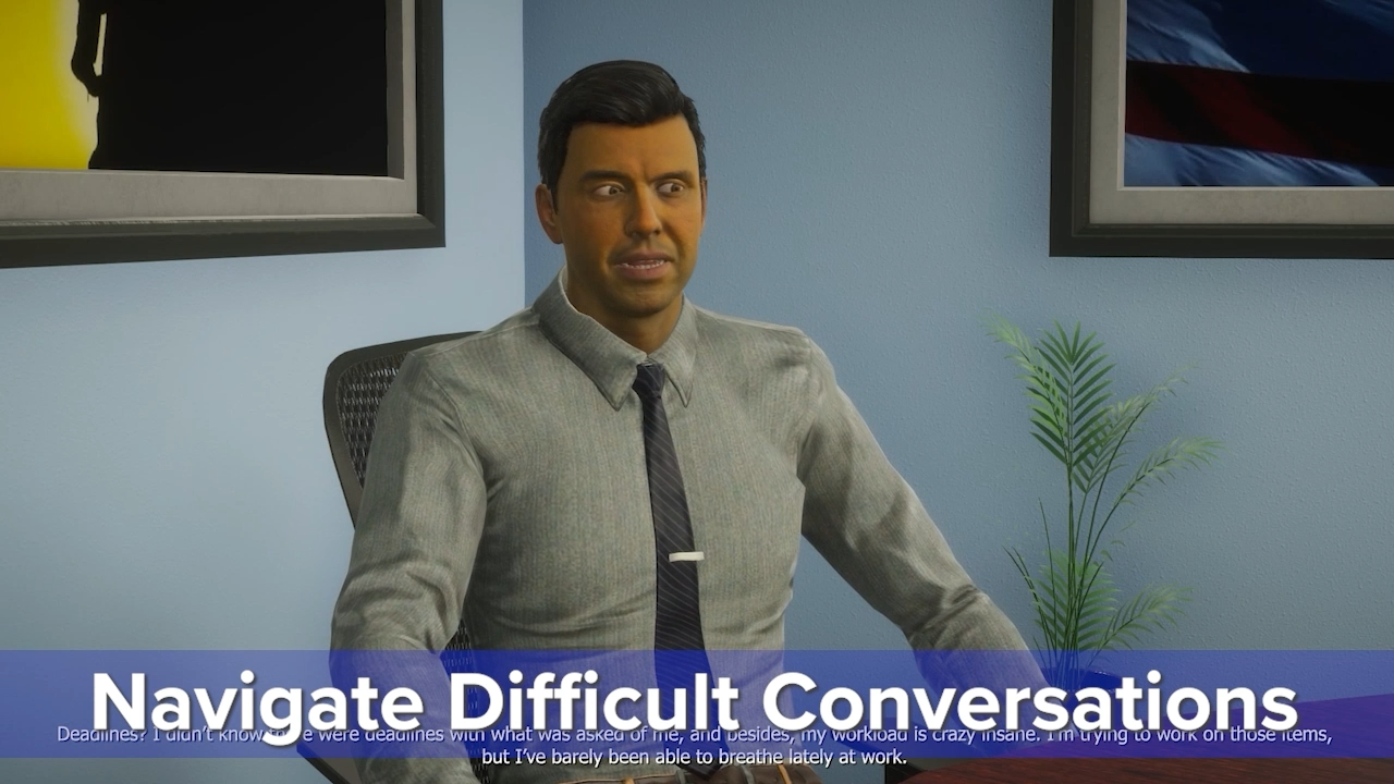 Screenshot of the Servant Leadership simulation showing a character conversation interface with dialogue options and mentor feedback