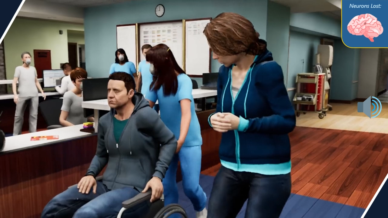 Screenshot of the Telestroke interactive learning application showing a medical scenario interface with patient information and stroke assessment tools